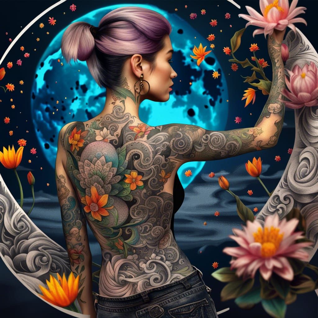 Woman's Back Tattoo: Crescent of Flowers Ink Drawing