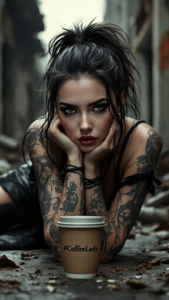 Dark-Haired Woman in Industrial Ruins, Photorealistic Style