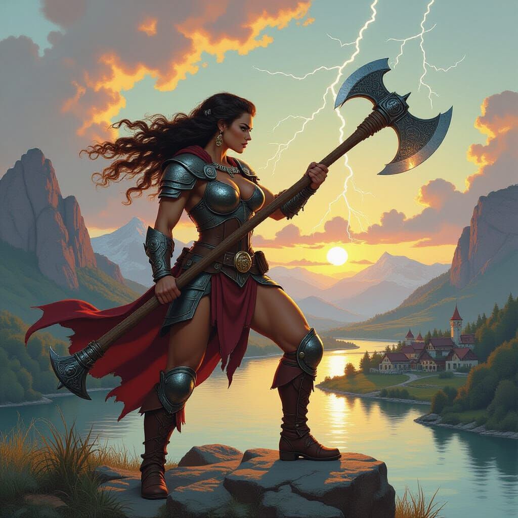 Victorious Barbarian Woman Overlooking River Valley