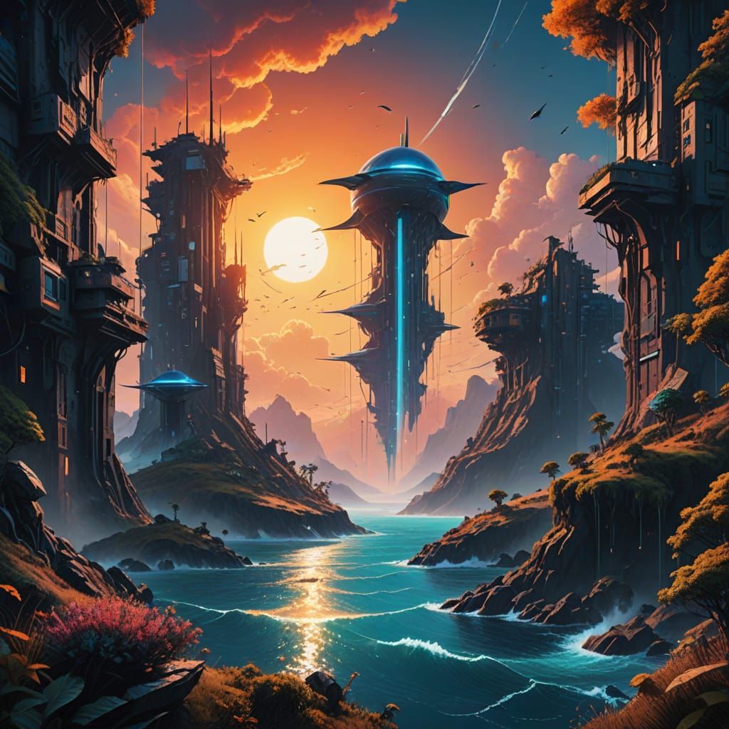 Dolphins Leaping in Sunset Ocean, Futuristic Art