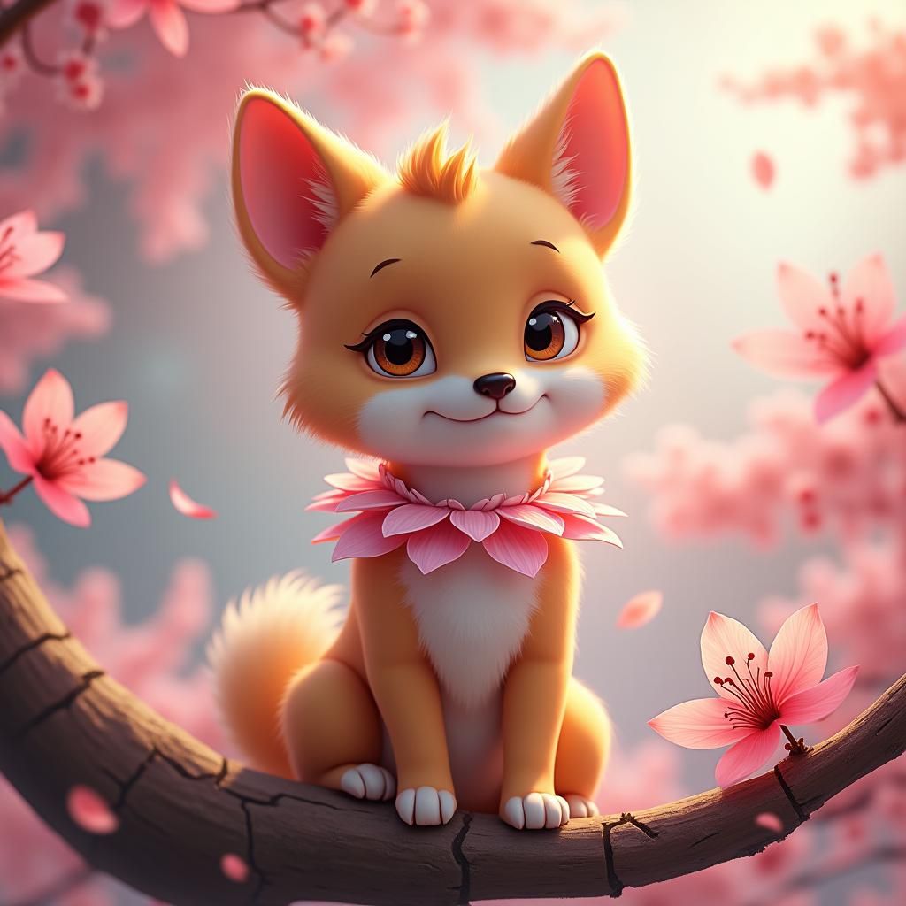 Dog on Cherry Blossom Branch: Fantasy Concept Art