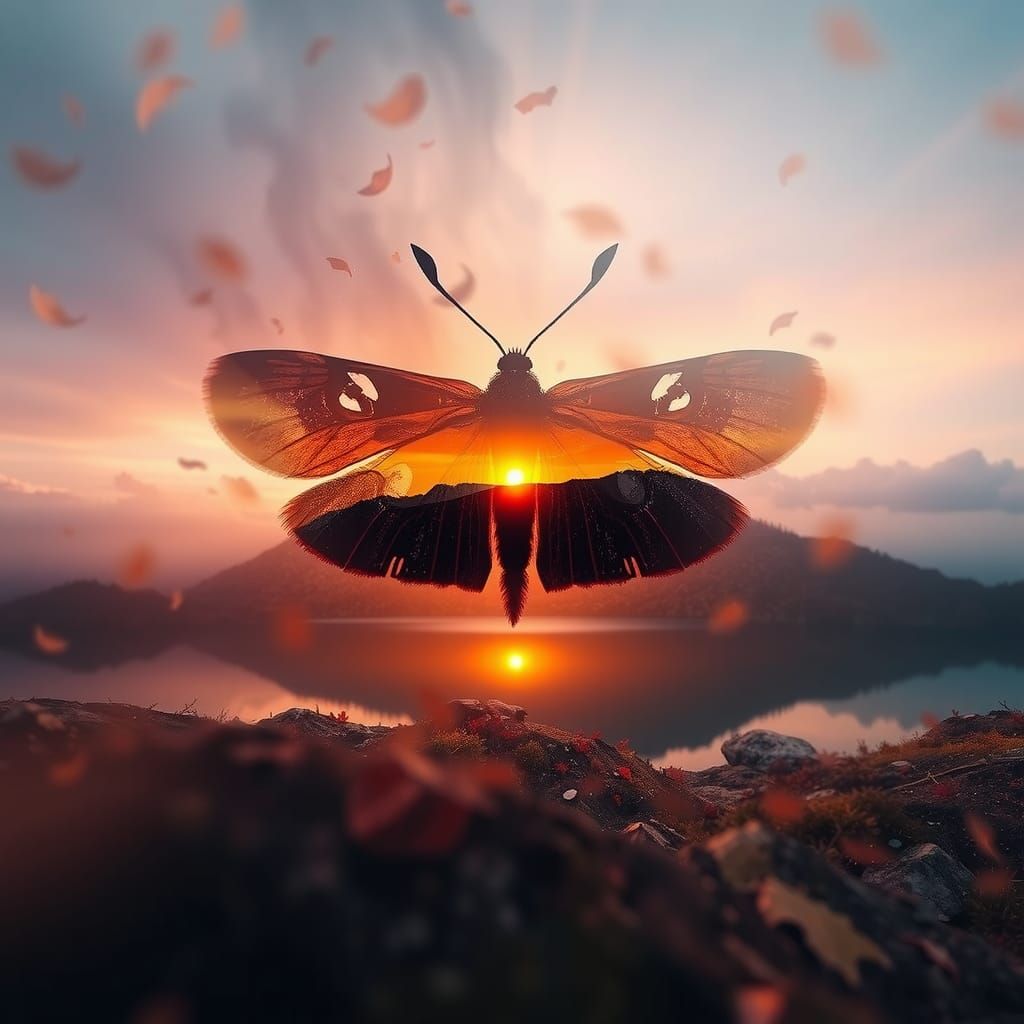 Miller Moth and Autumn Landscape in Double Exposure