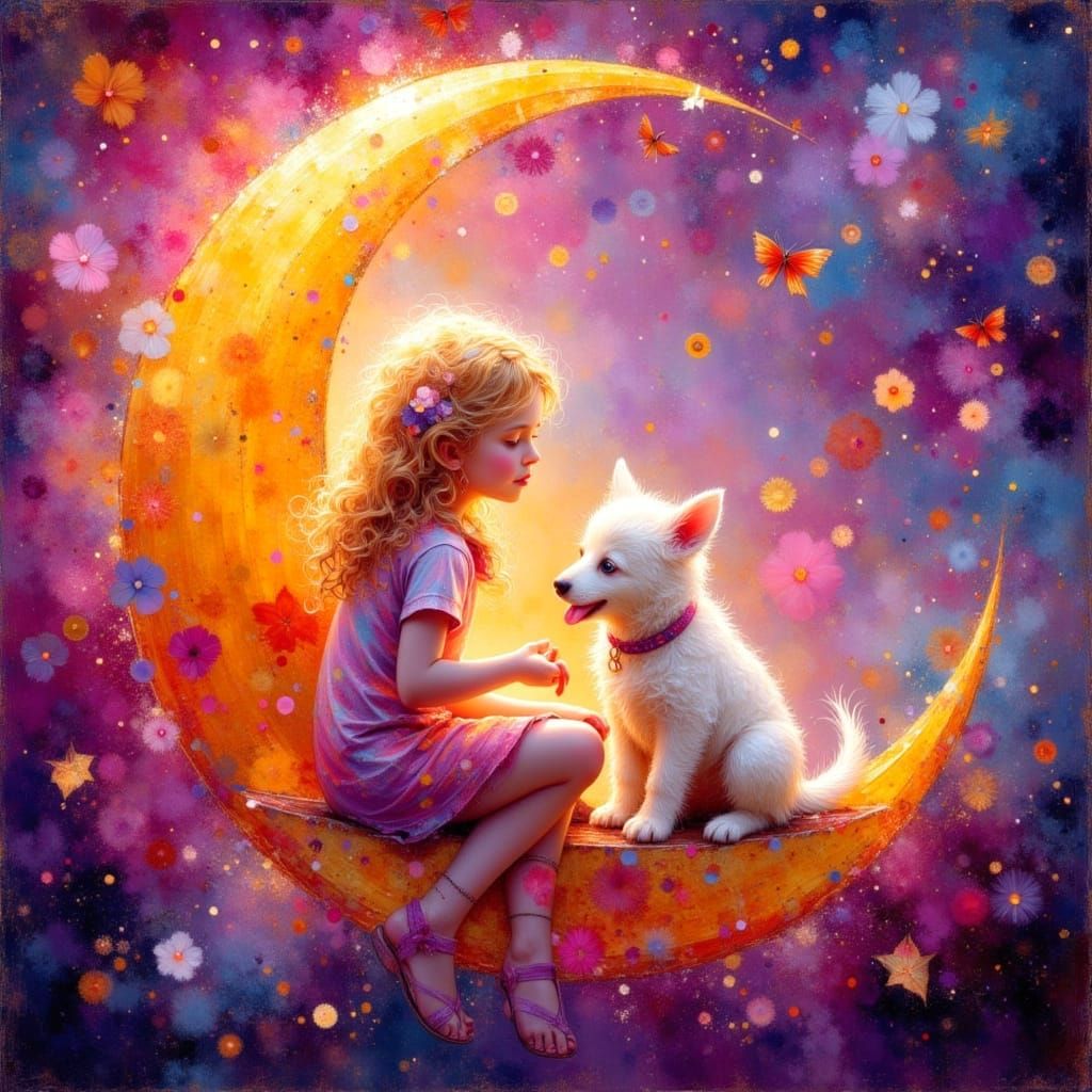 Fractal Haze Oil Painting: Girl, Puppy, and Moon