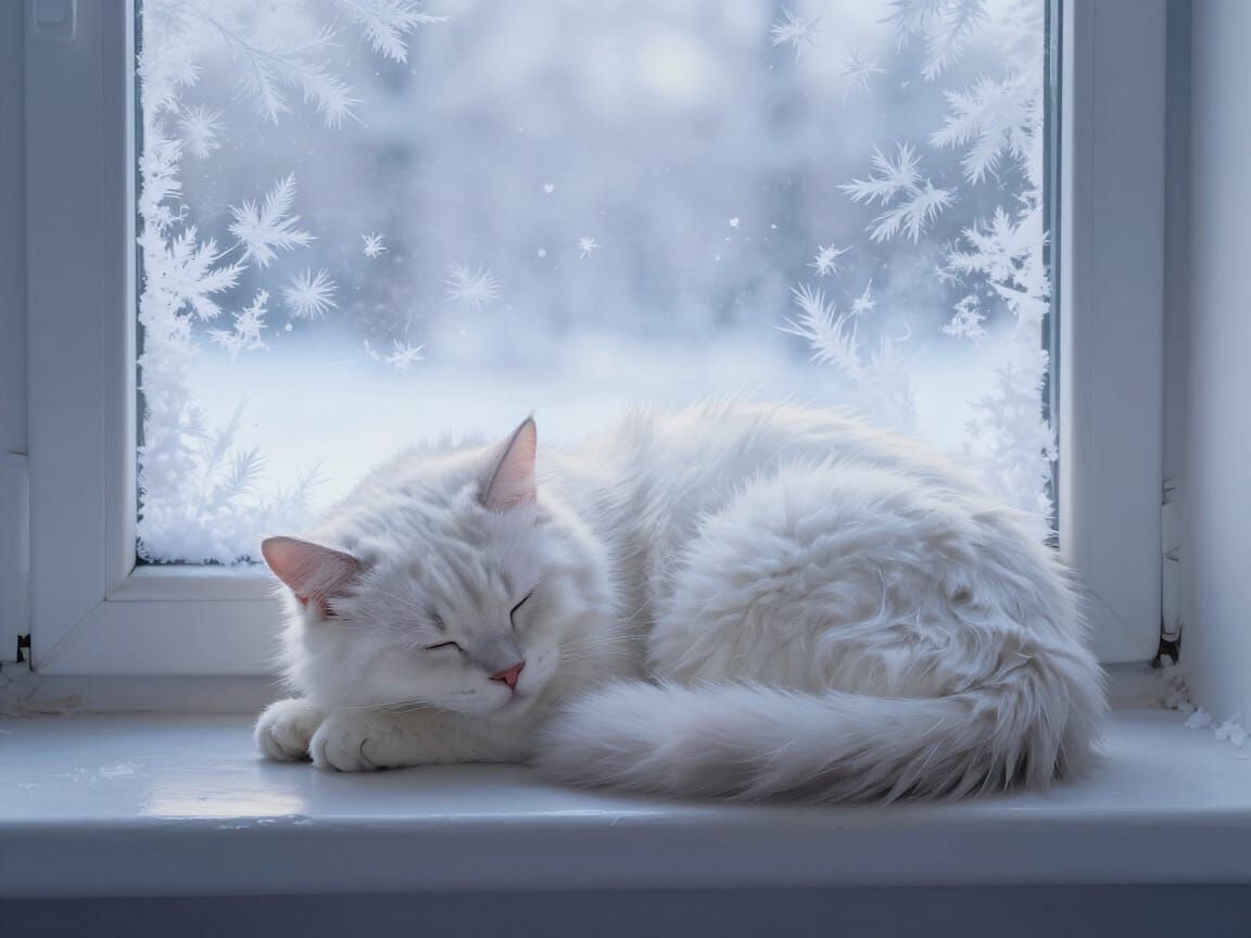 Fluffy Cat Asleep on Winter Windowsill
