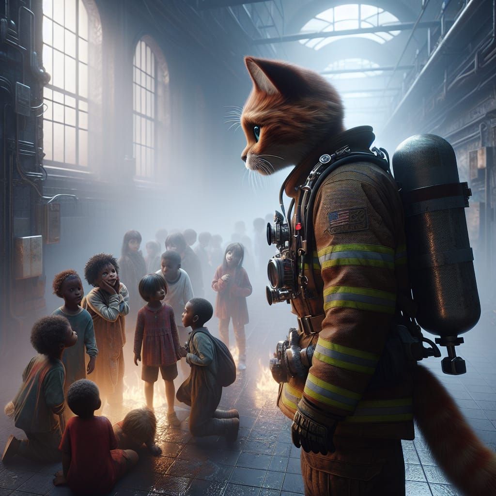 Ginger Cat Firefighter Finds Children: Hyper-Realistic 8K Ar...