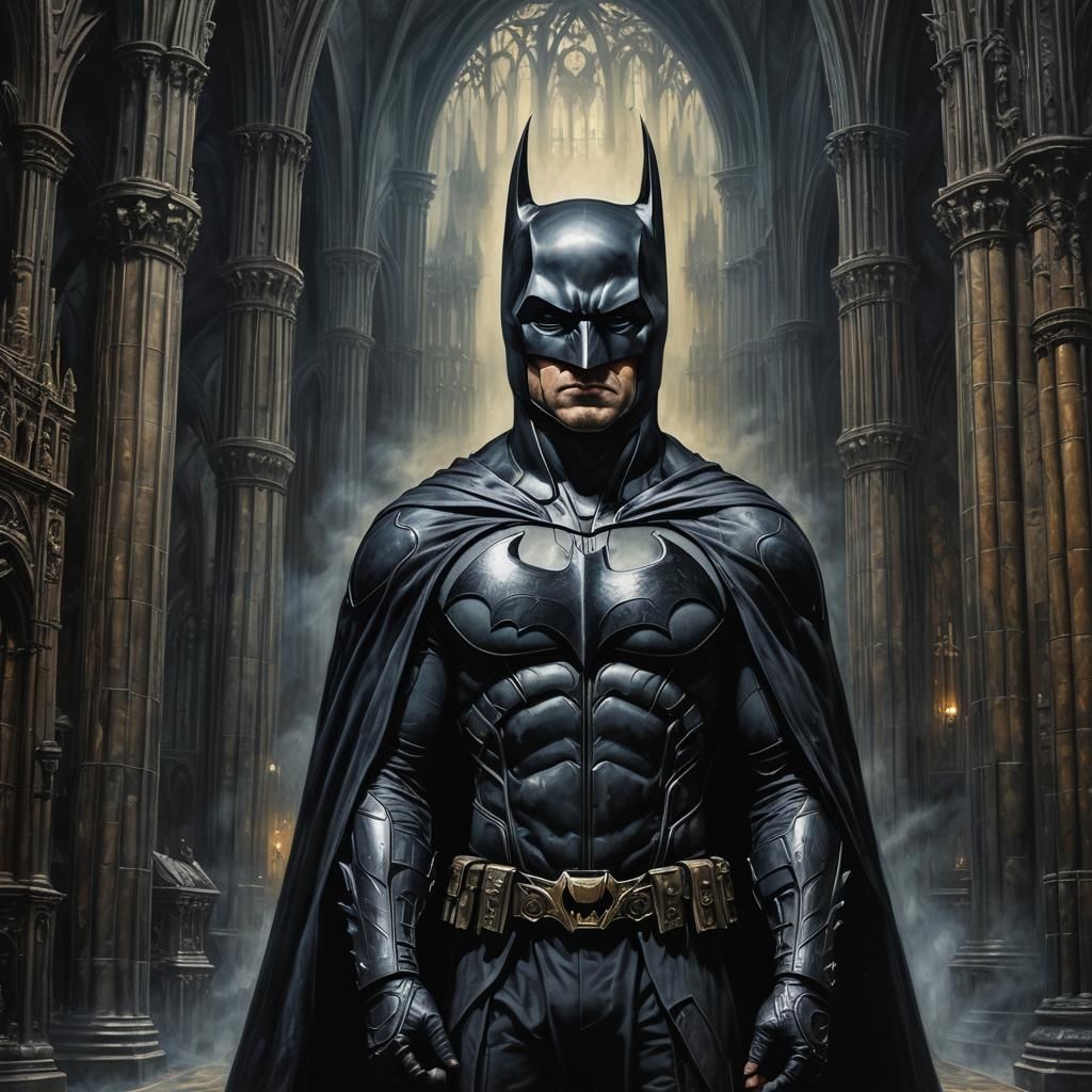 Batman in Cathedral: Gothic Oil Painting