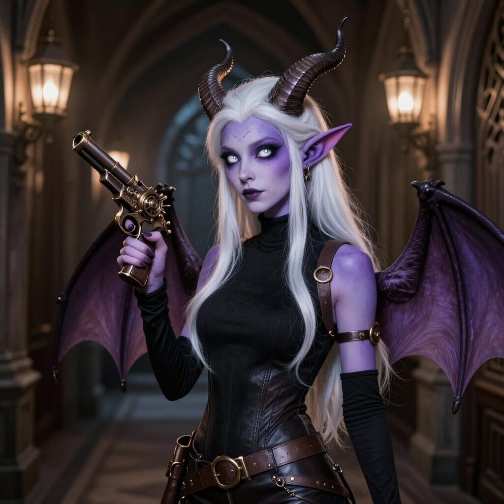 Violet Tiefling Explorer in Gothic Hallway with Steampunk Pi...