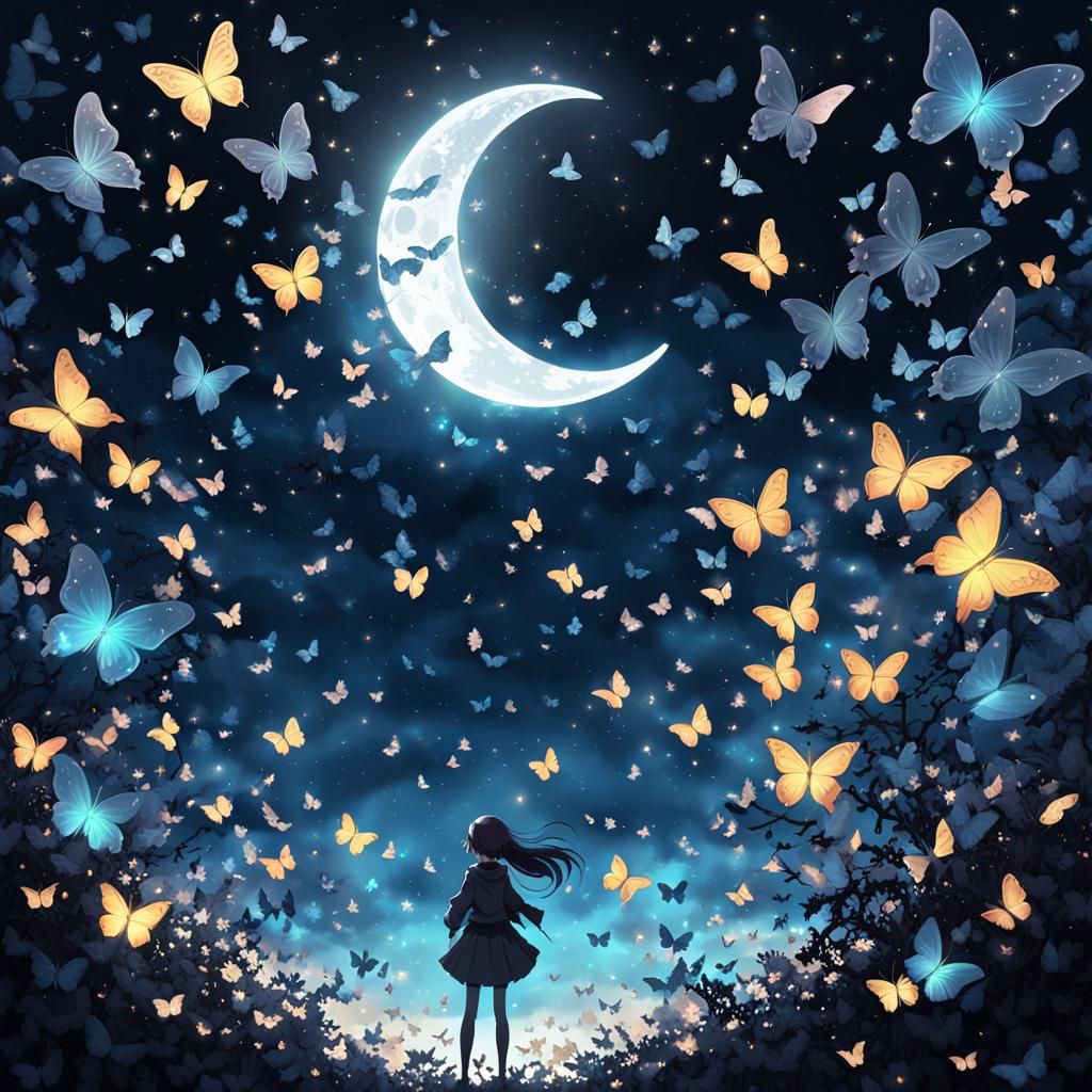 Moonlit Sky: Butterfly Swarm in Anime Style