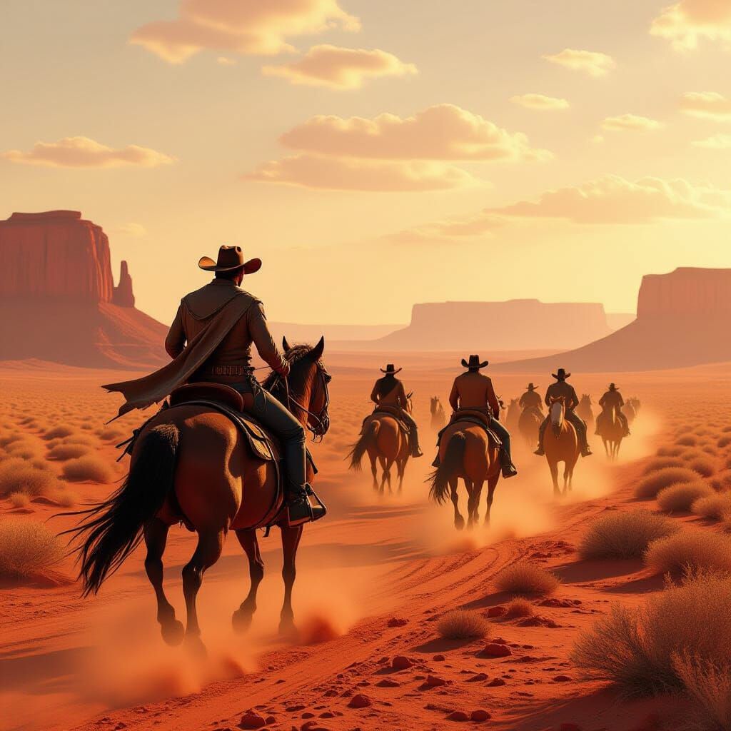 Cowboy Pursues Wild Horses Across Crimson Desert