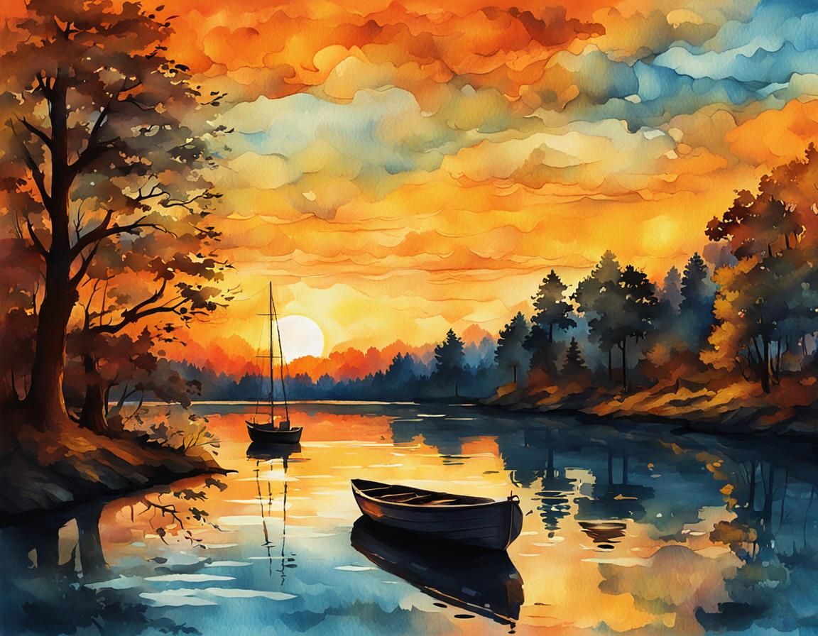 Sunset River Scene in Watercolor Style