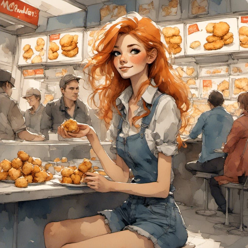 Fox-girl VIXEN, visiting a McDonald's. Eating Chicken McNugg...