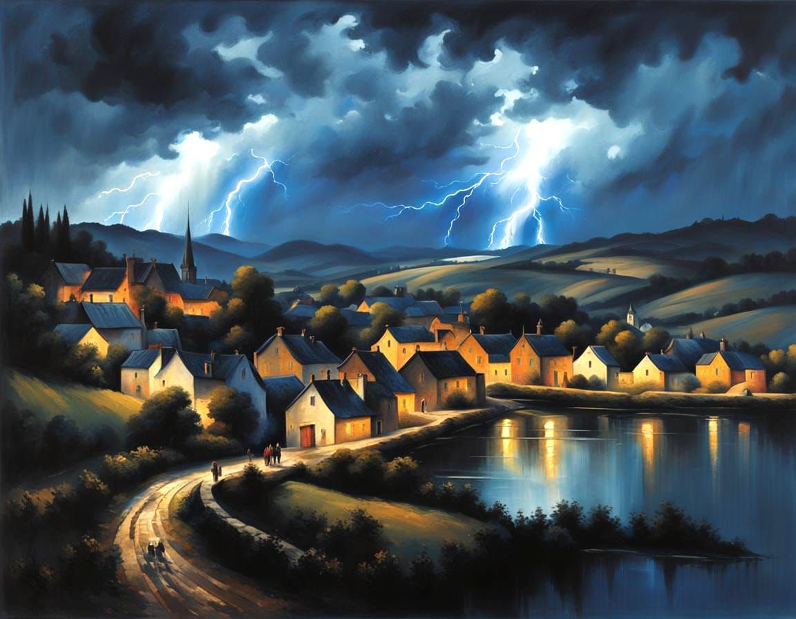 European Village Under Electric Storm, as Watercolor