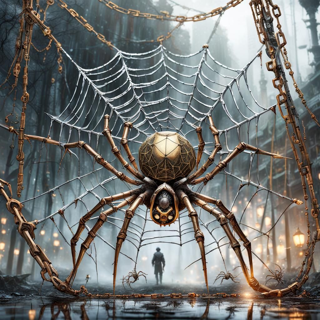 Steampunk Spider Captures Human in Silver Chain Web