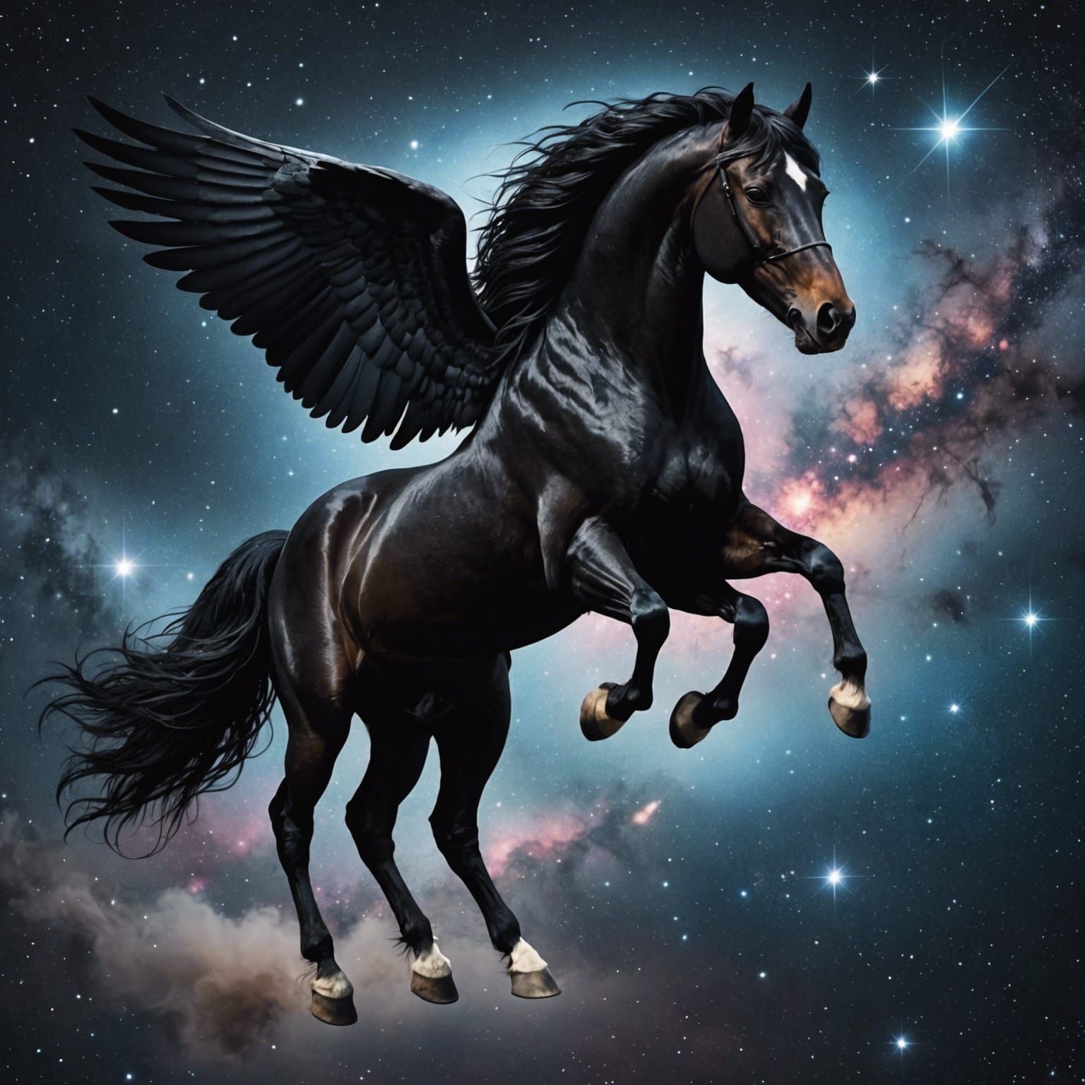 Winged Black Horse Flying Through the Cosmos
