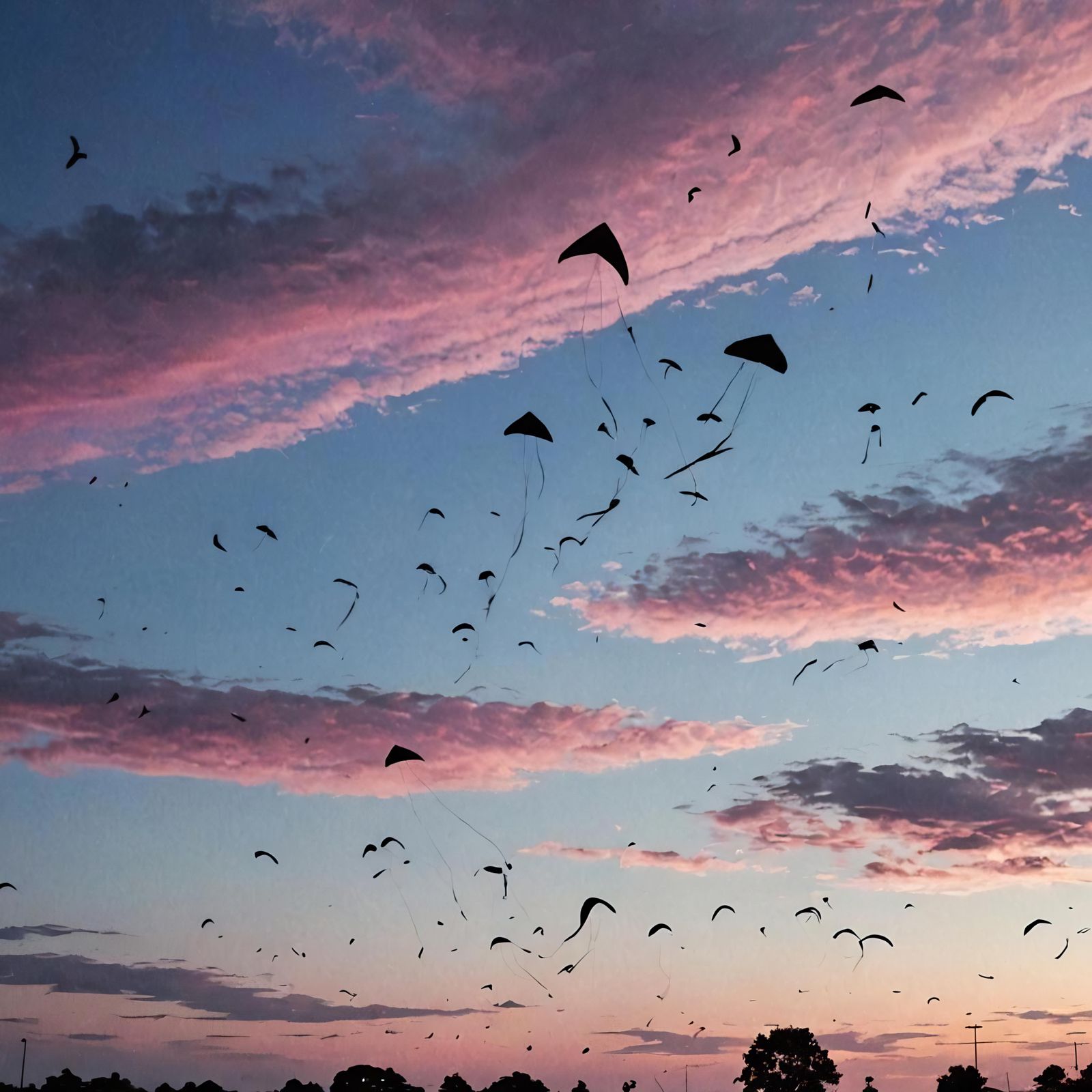 Colorful Sky with Kites at Sunset