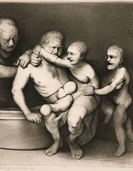 Man in Enormous Bathtub, Rembrandt-Style Engraving