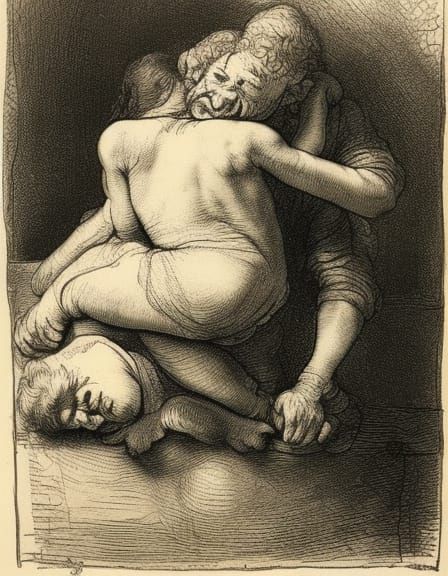 Man in Bathtub with Figures: Rembrandt-style Engraving