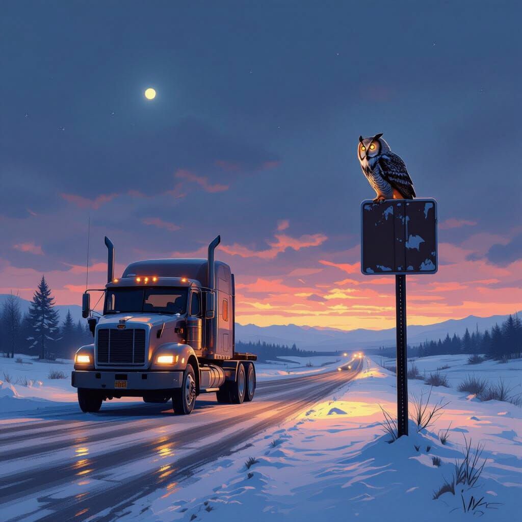 Trucker's Solitude: Owl Watches Snow Highway at Dusk