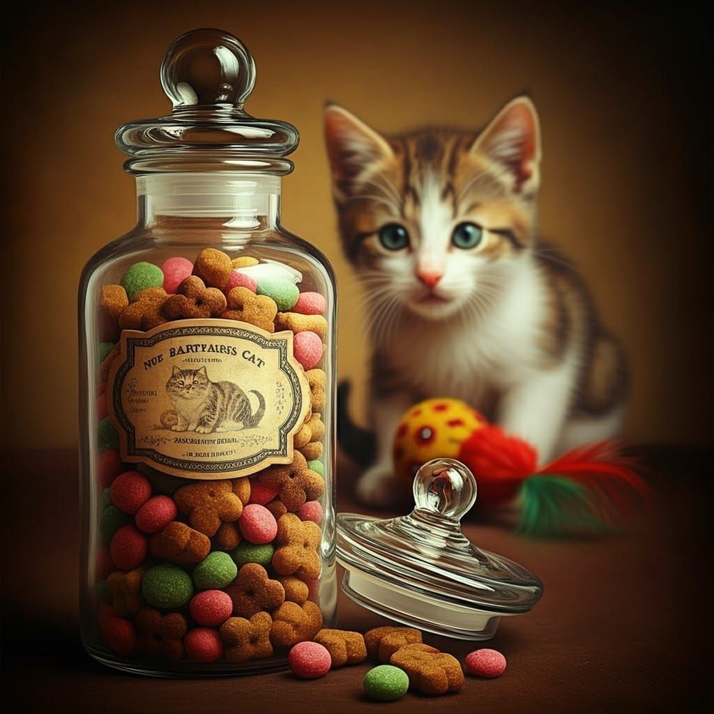 Cat Treats Overflowing Vintage Apothecary Jar