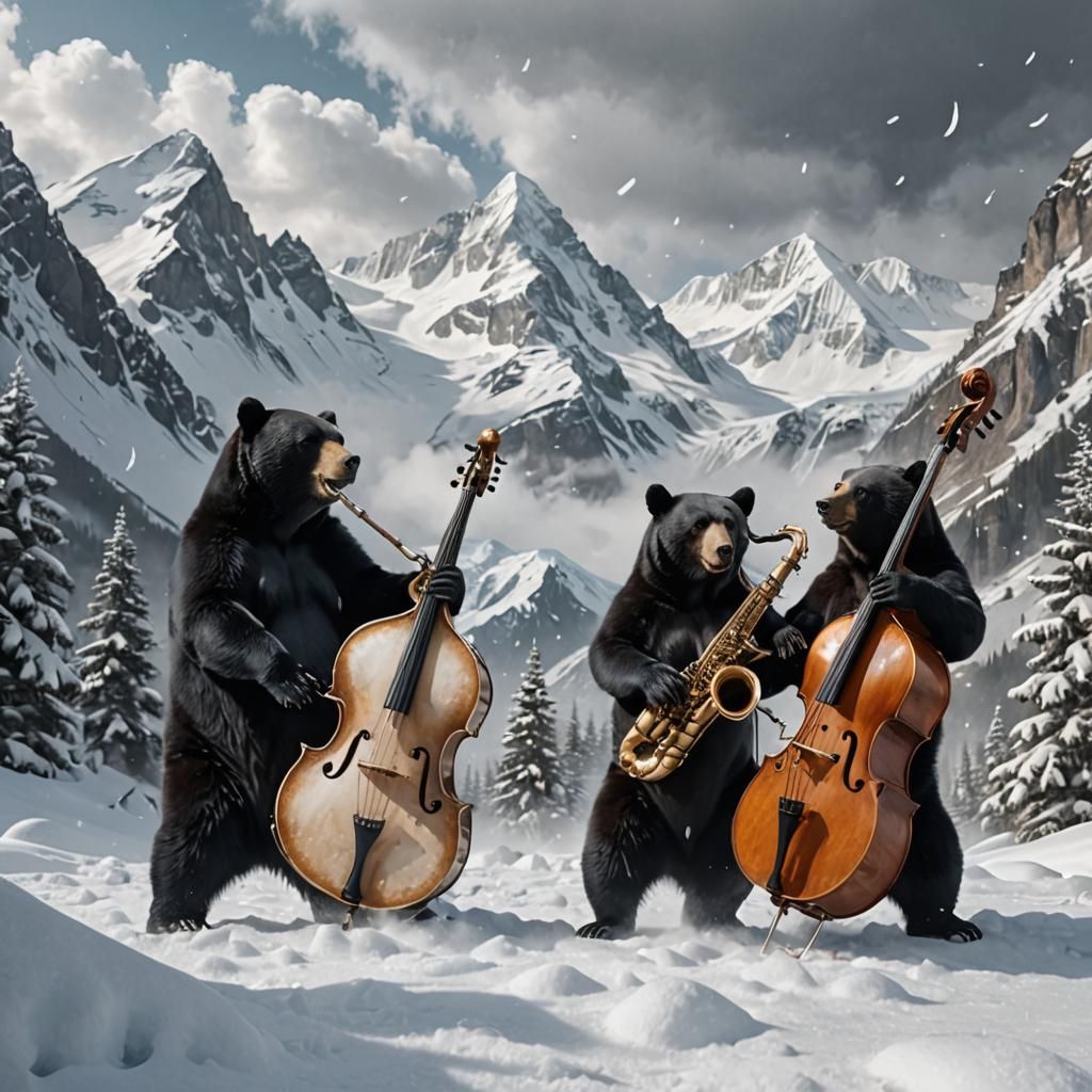 Surreal Black Bear Jazz Band in Snow Vortex