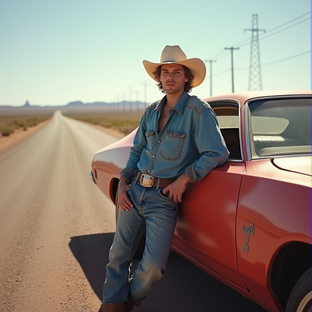 Realistic Portrait of a Man with Cowboy Hat and Dodge Charge...