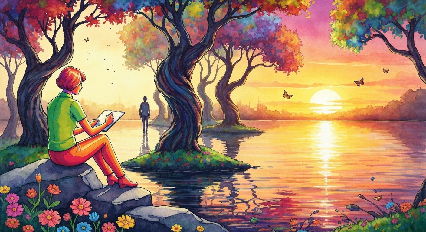 Pop Art Lady Sketching Lakeside Sunset