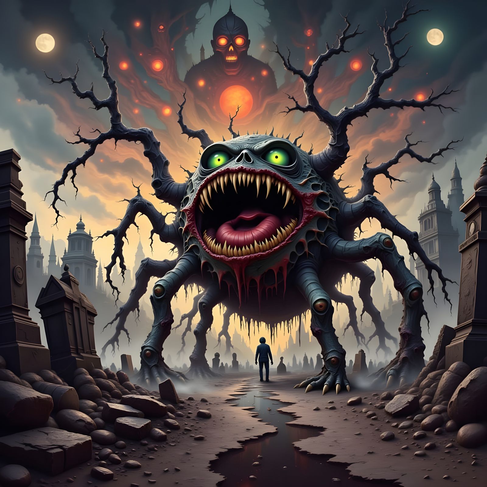 Surreal Cracked Monster Zombie in Foggy Graveyard