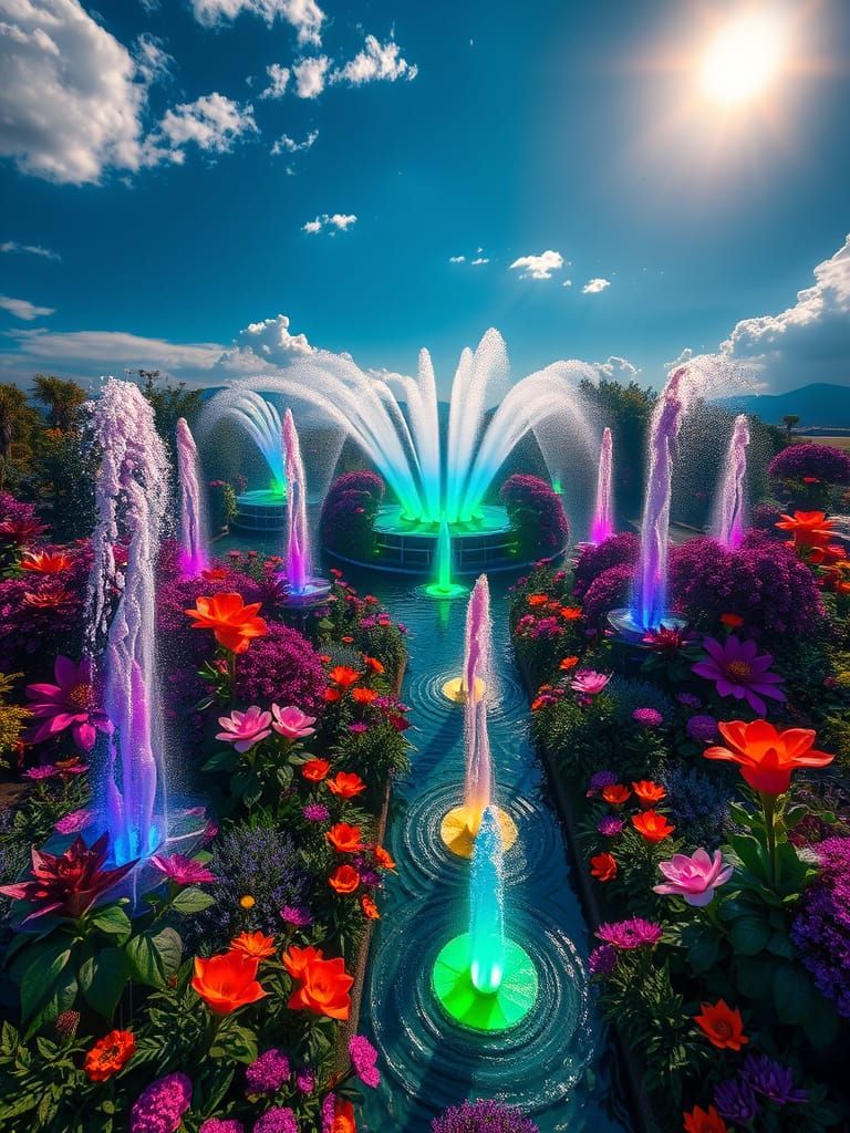 Vibrant Bioluminescent Garden with Fountains and Rainbow Hue...