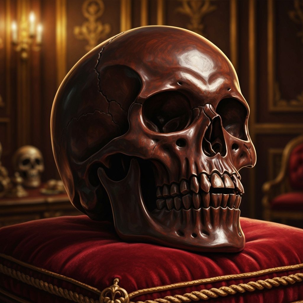 Carved Wooden Skull on Velvet Cushion in Dramatic Lighting