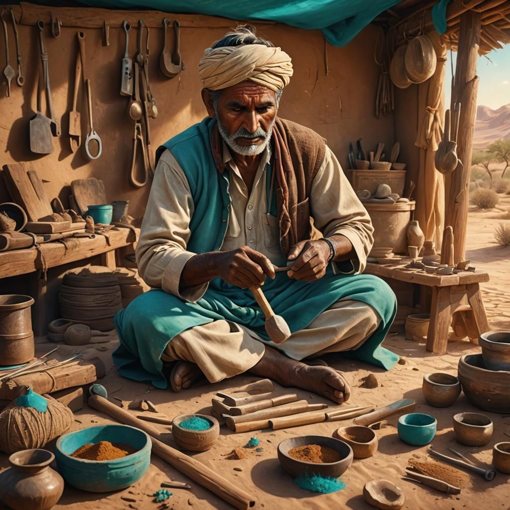 Hyperrealistic Indian Farmer in Desert Workshop