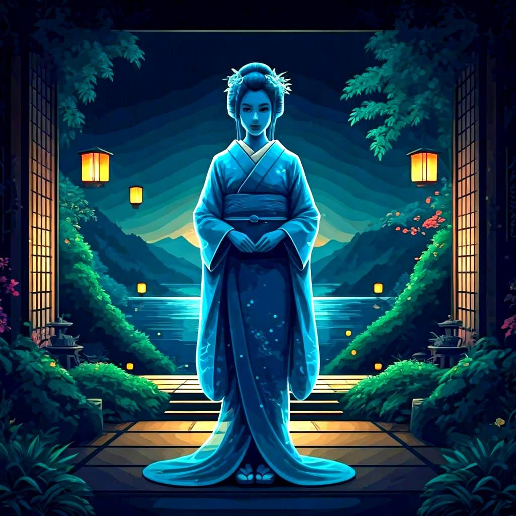 Bioluminescent Geisha in Tea Room: 3D Shaded Art