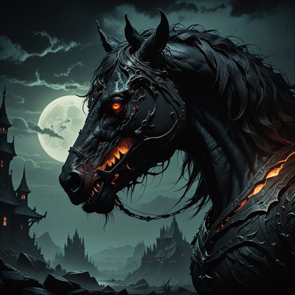 Mythic Carnivorous Horse in Dark Fantasy Landscape