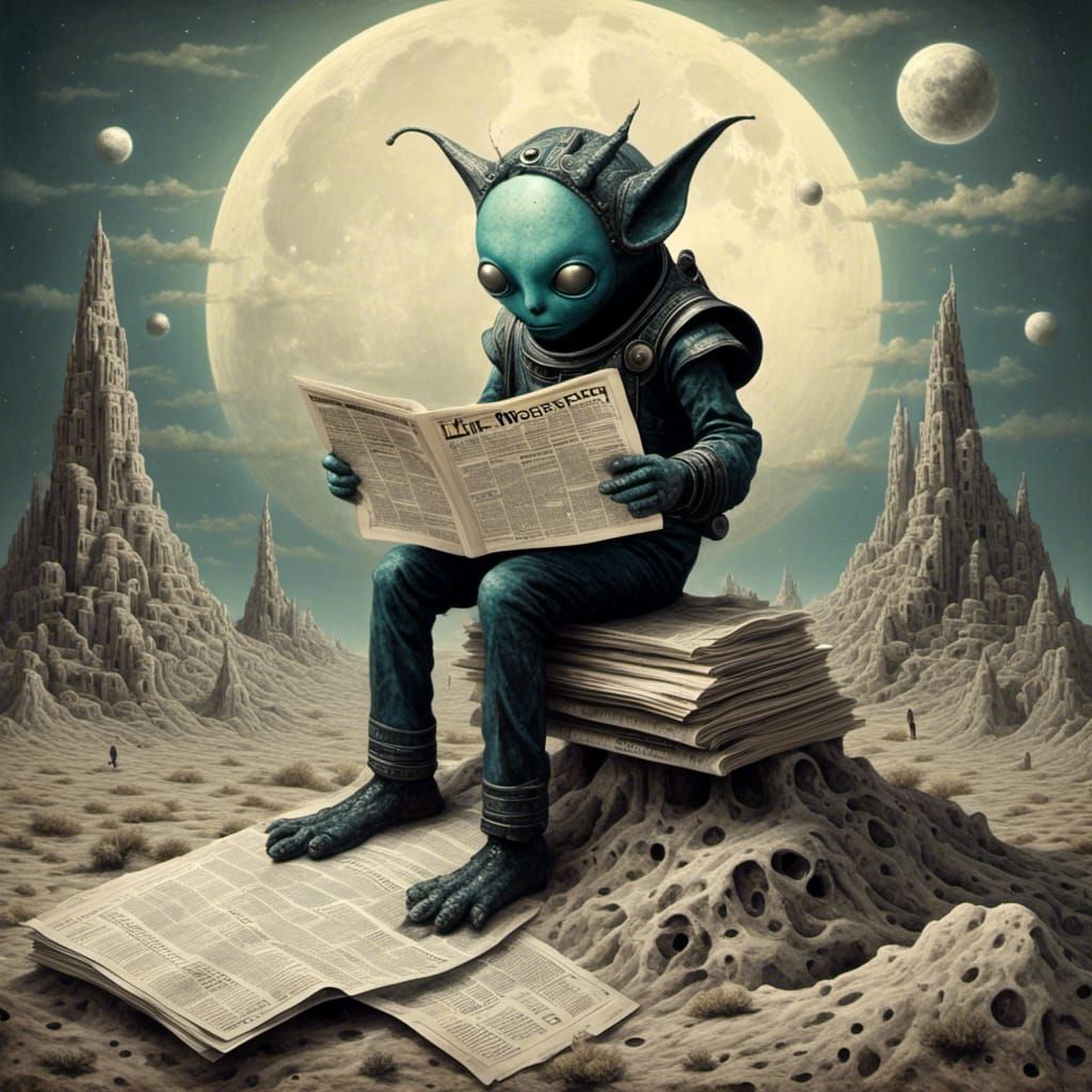 Monster Reads News in Surreal Moonscape