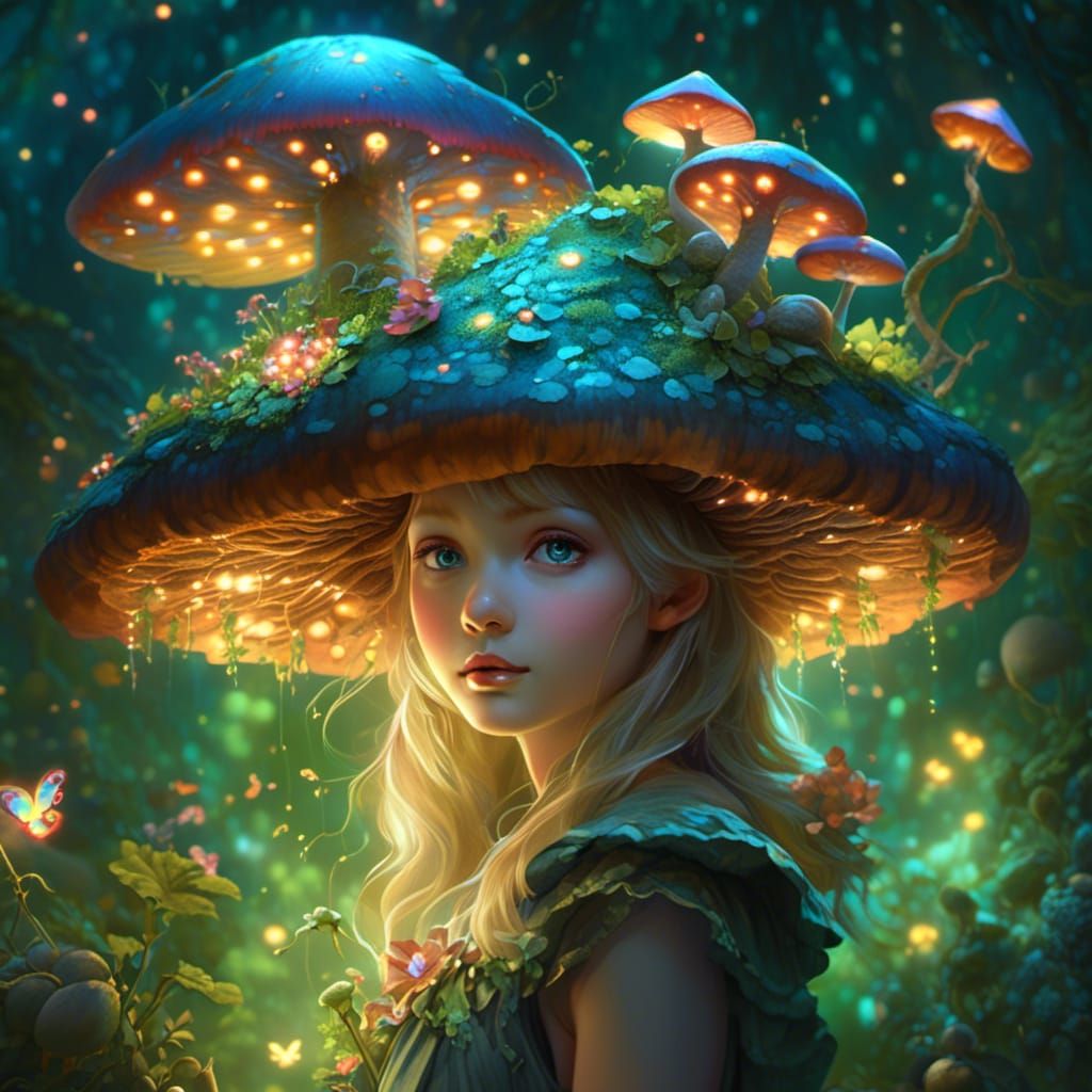Mushroom Fairy Portrait in Psychedelic Art Style