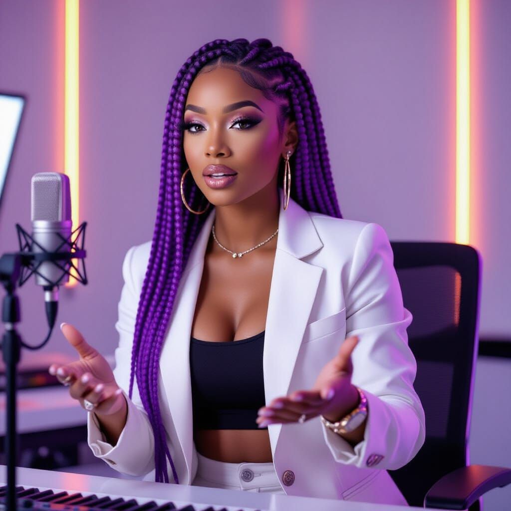 R&B Artist in Purple & Silver Braids with Confident Stance