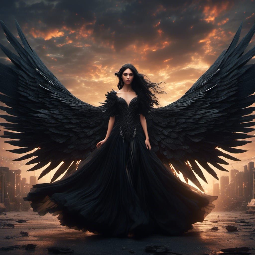 Evil Goddess with Sparkling Wings in Black Dress