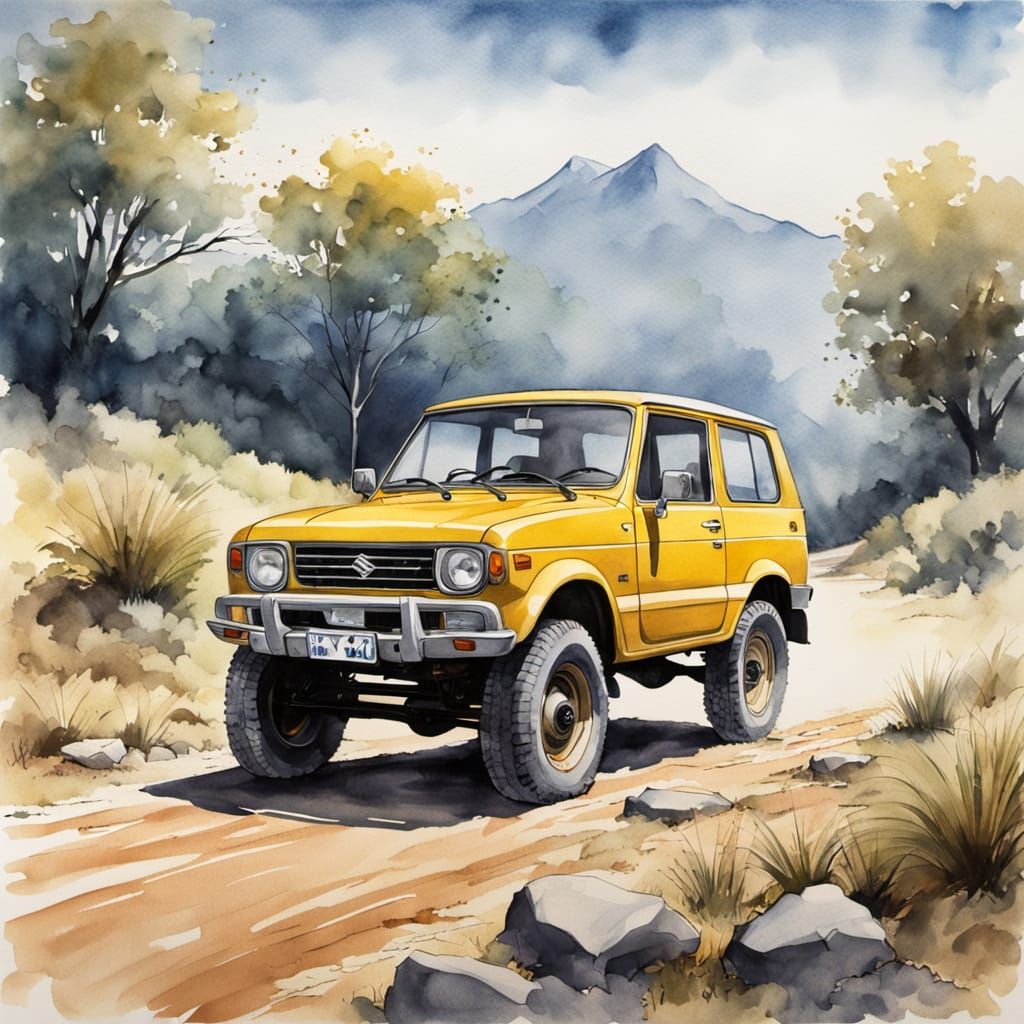 Classic Yellow Suzuki SJ410 4x4 on Dirt Road Watercolor
