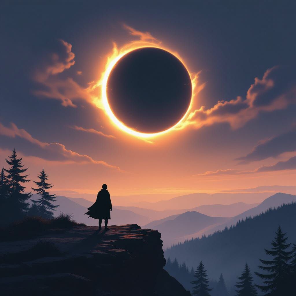 Silhouette at Twilight with Glowing Eclipse