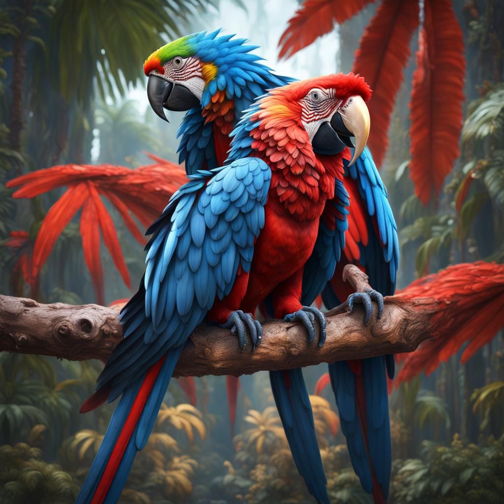 Vibrant Macaw and Parrot Digital Painting