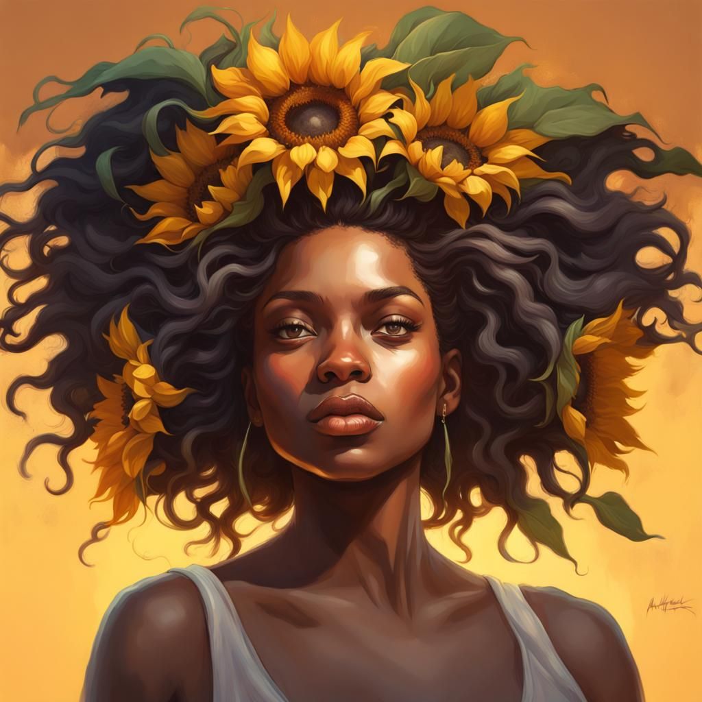 African American Woman with Sunflower Hair, Hyperdetailed Po...