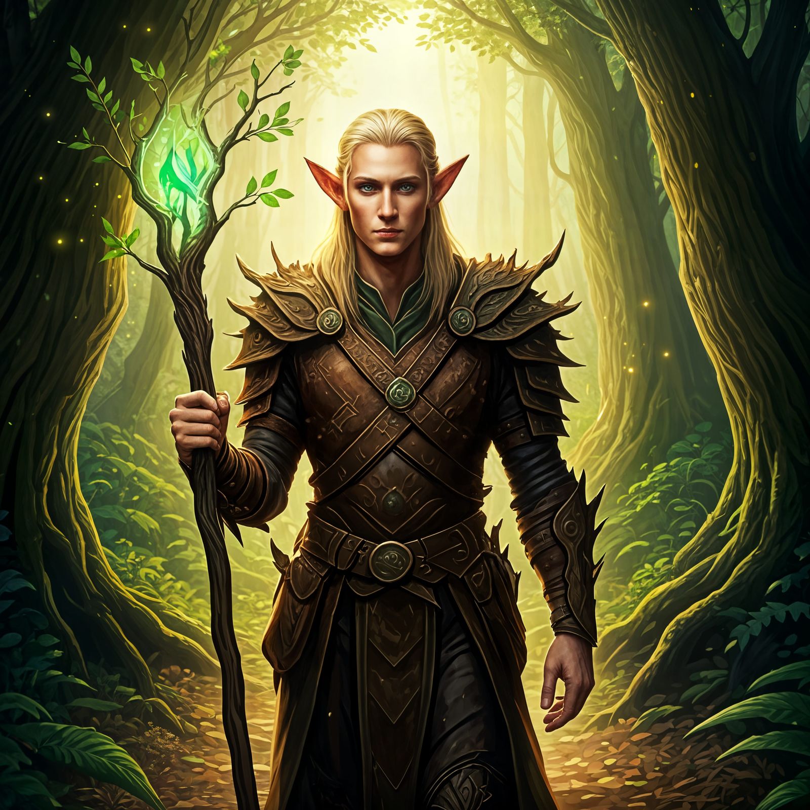 Blond Elf Druid in Enchanted Forest