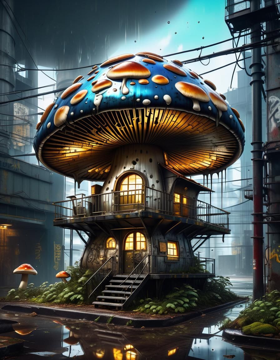 Industrial Mushroom House in Hyperrealistic Graffiti Art Sty...