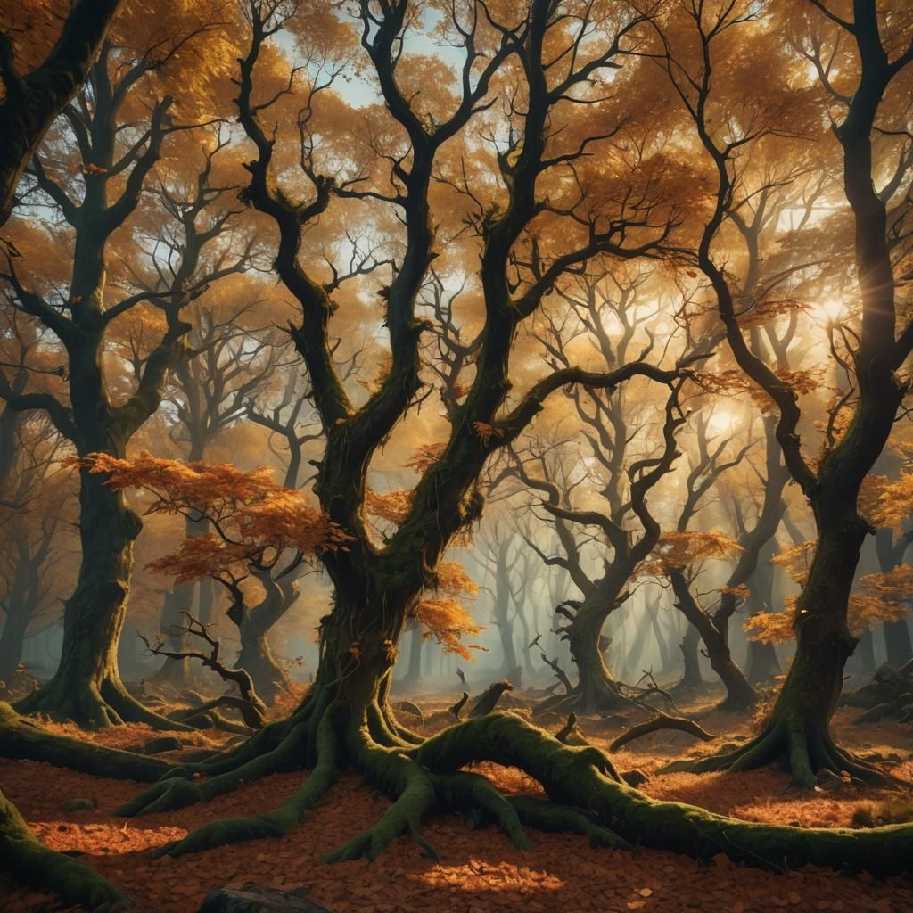 Mystical Autumn Forest in Golden Light