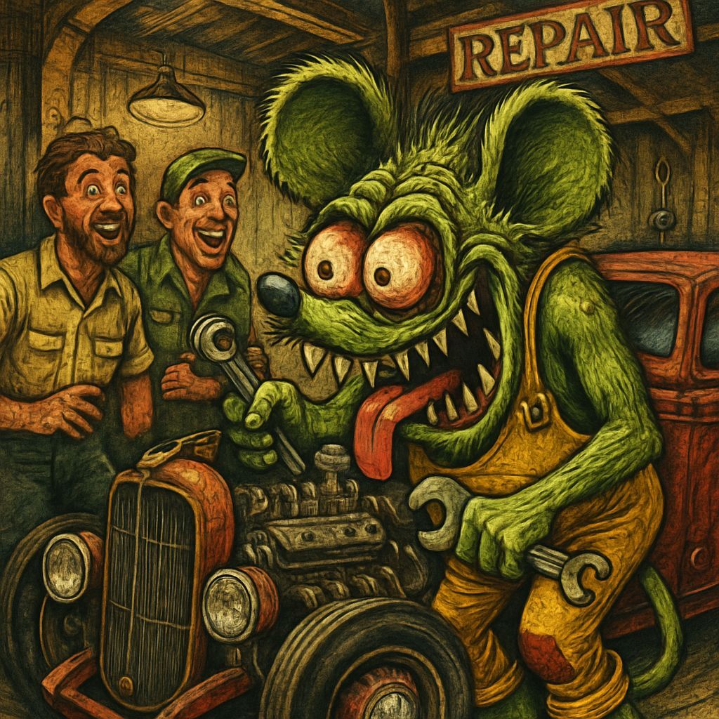 Kustom Kulture Monster Tinkers with Vintage Car in Creepy Ga...