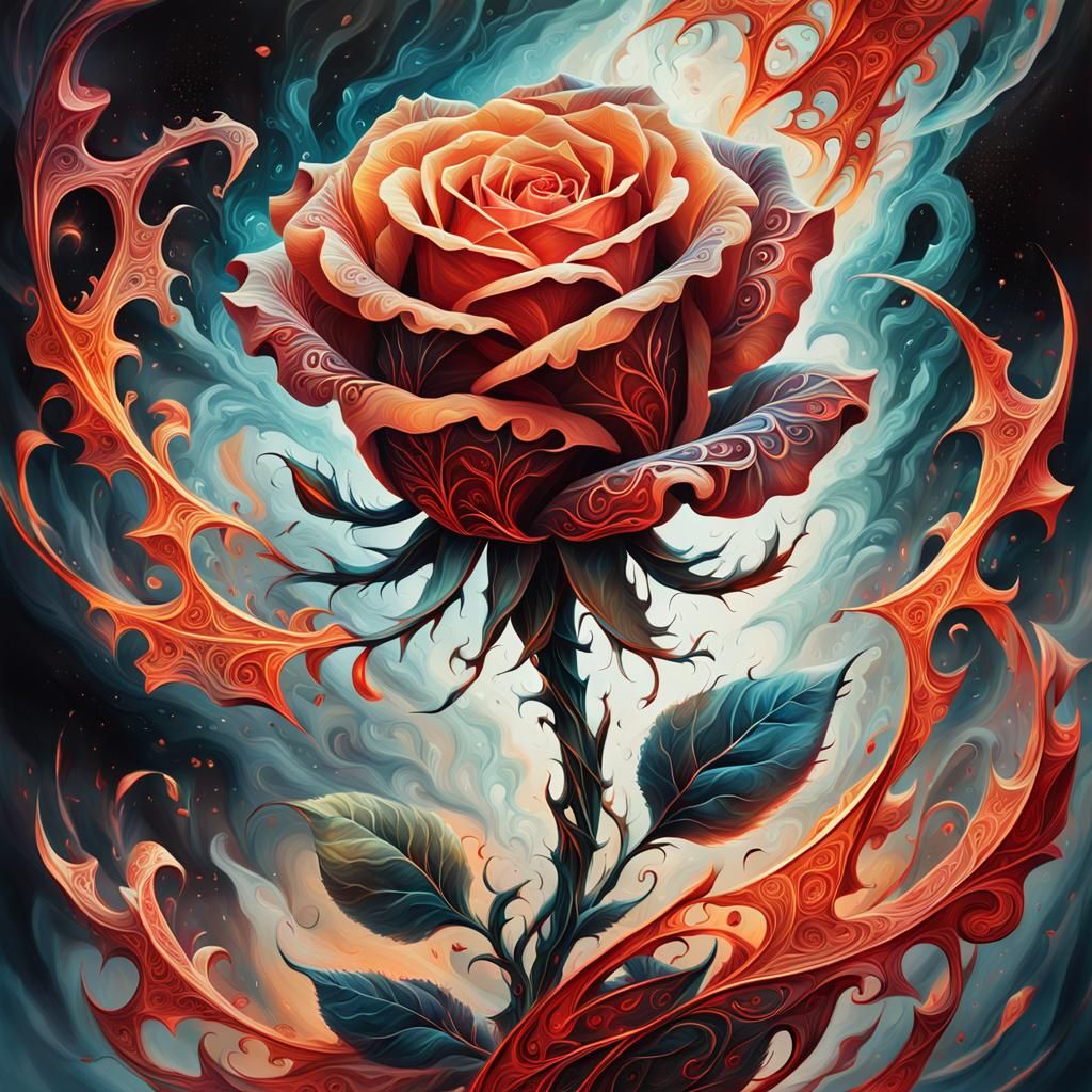 Crystallized Fiery Rose in Fractal Landscape