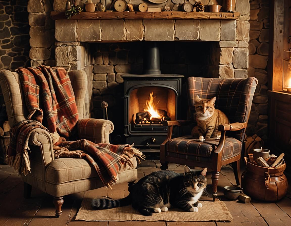 Cozy Rustic Still Life with Fireplace and Cat