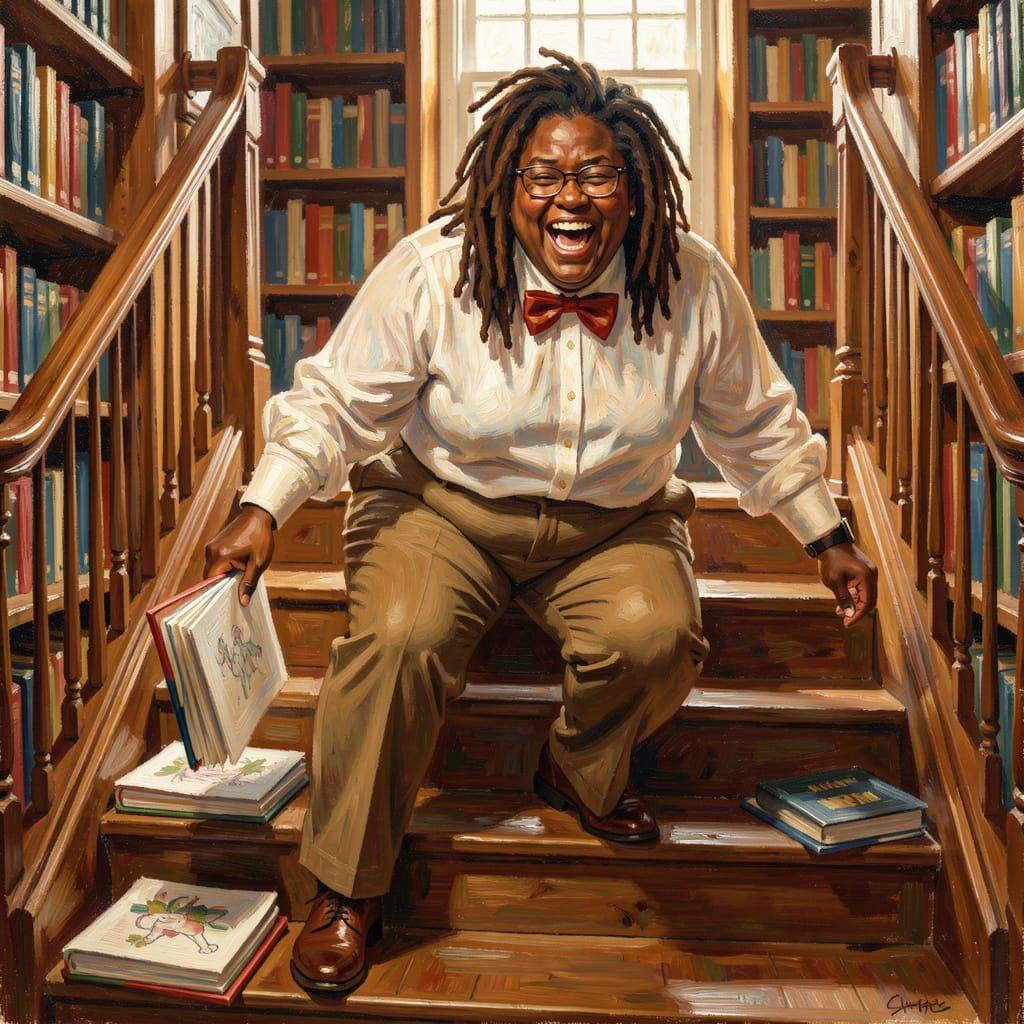 Woman Laughing as Books Spill Down Library Steps