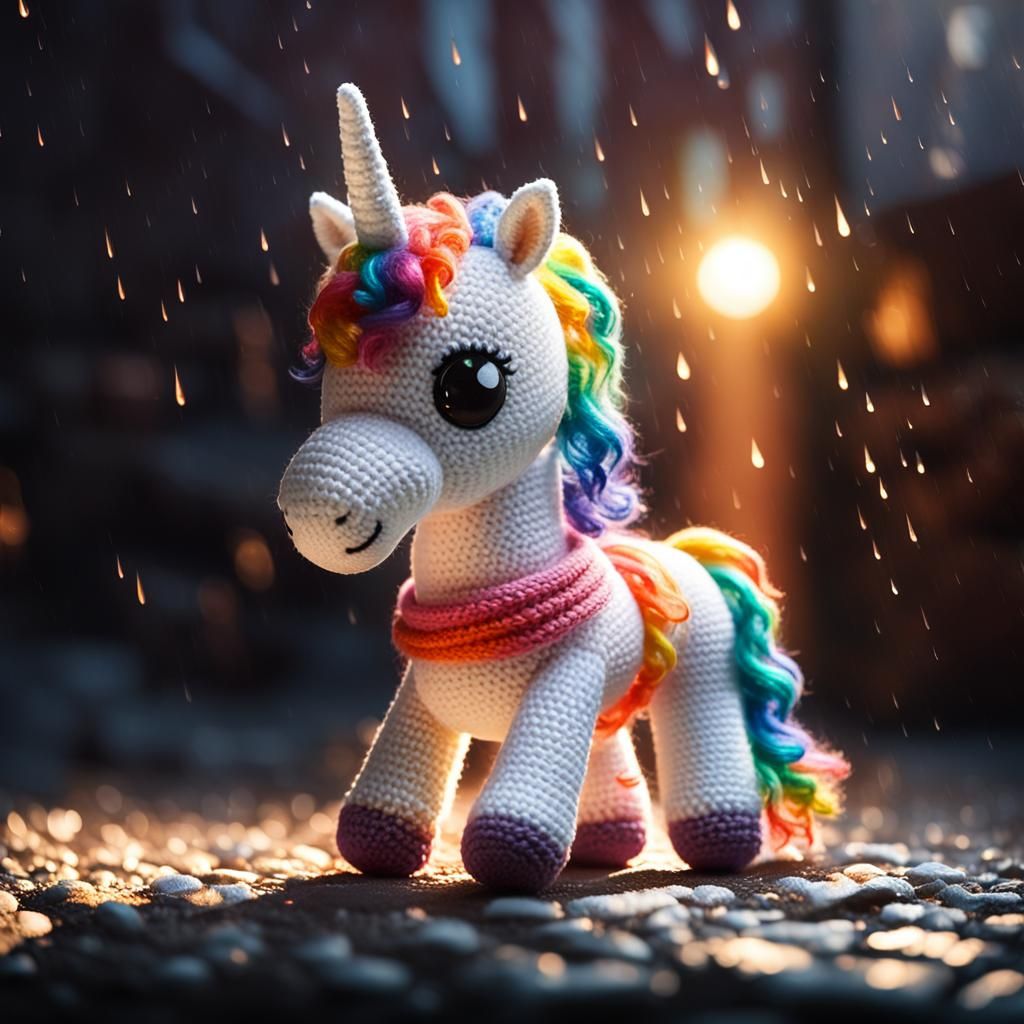 Hyperrealistic Crochet Unicorn in Alleyway