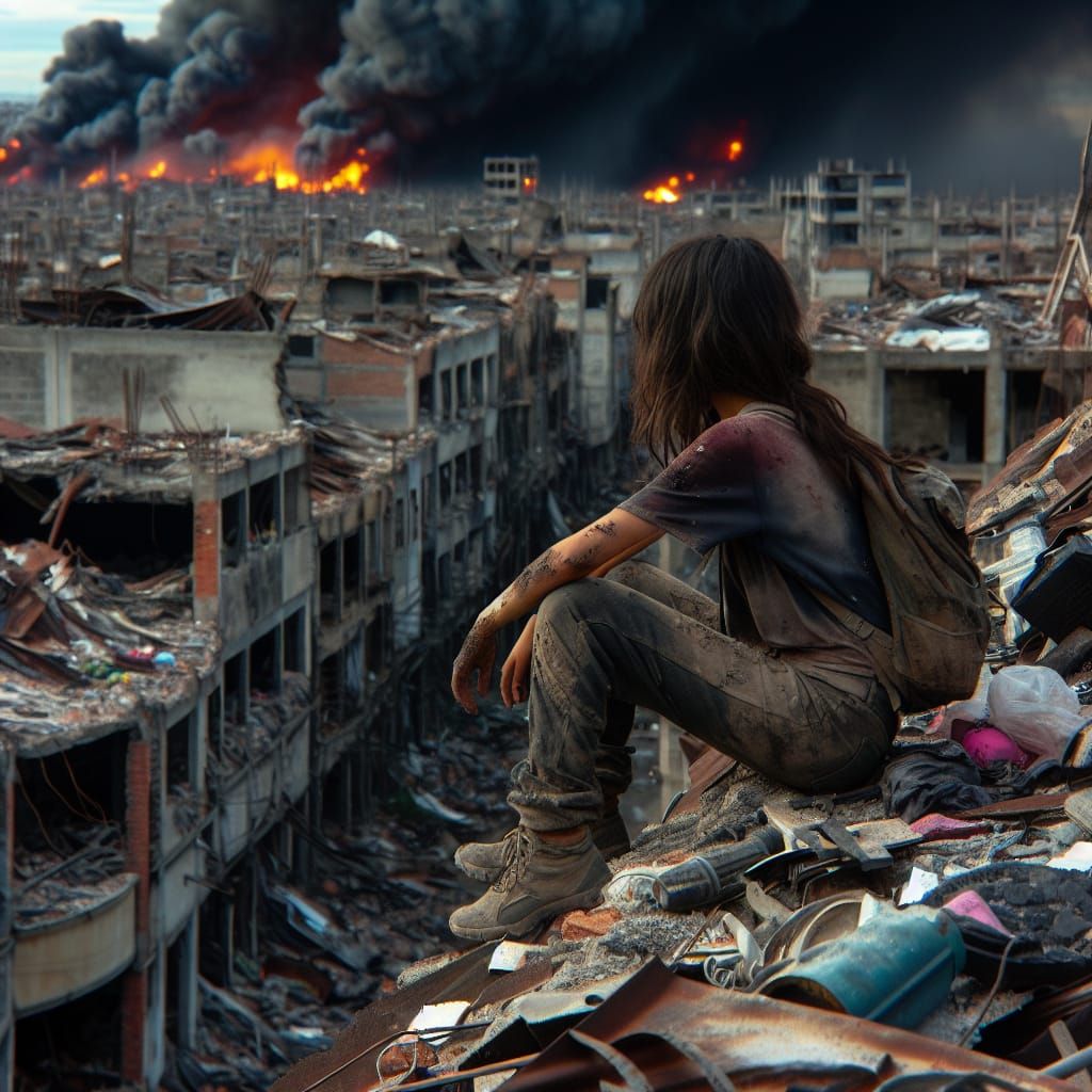 Survivor Overlooks Burning City Ruins