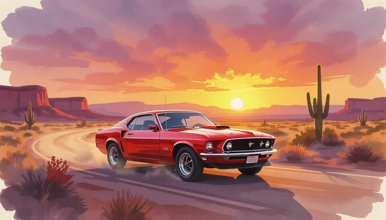 Crimson 1969 Mustang Drives Dusty Road at Sunset